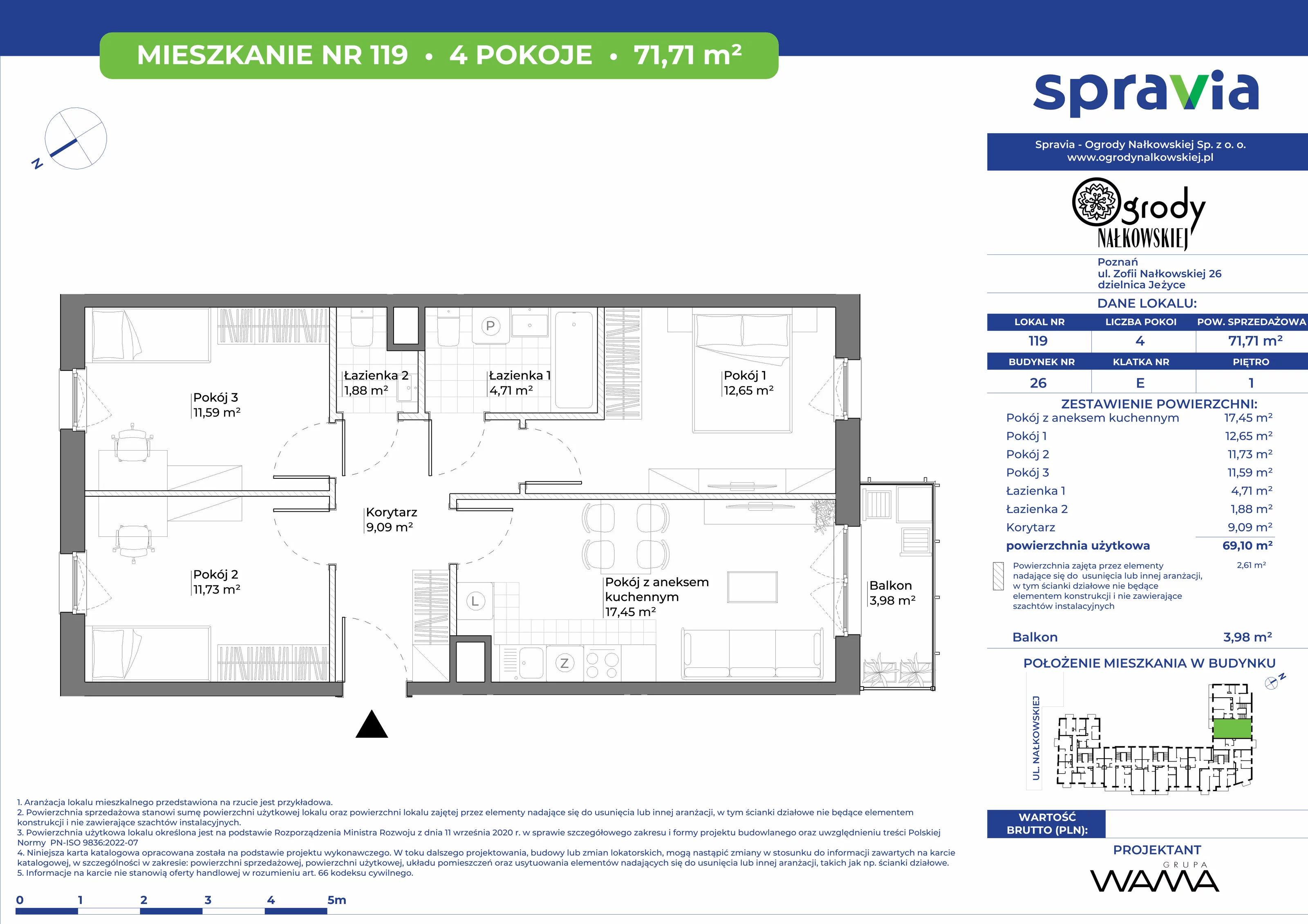 4 pokoje, mieszkanie 71,71 m², piętro 1, oferta nr 26-119, Ogrody Nałkowskiej, Poznań, Ogrody, ul. Nałkowskiej 24, 26